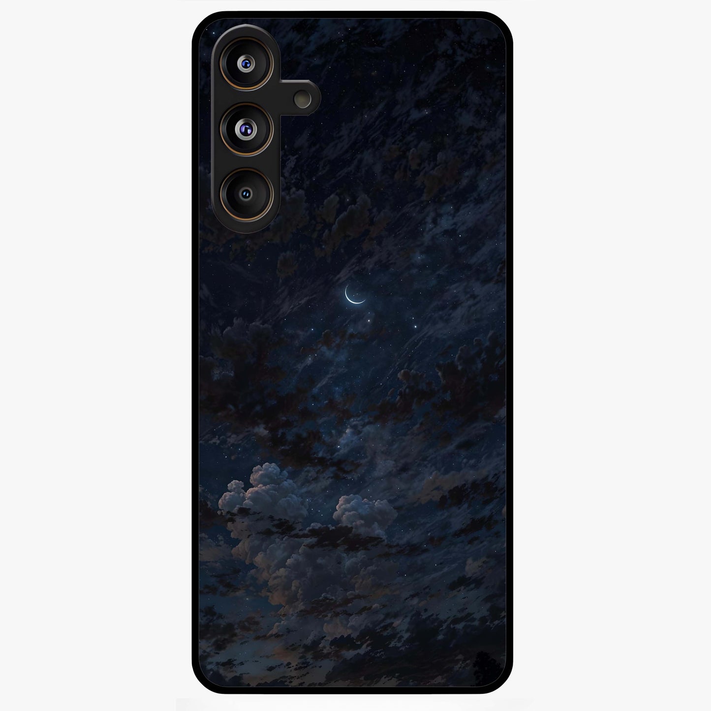 Lunar Veil Silence Glass Case showing flat back view with mystical moon veil artwork and glossy glass finish.