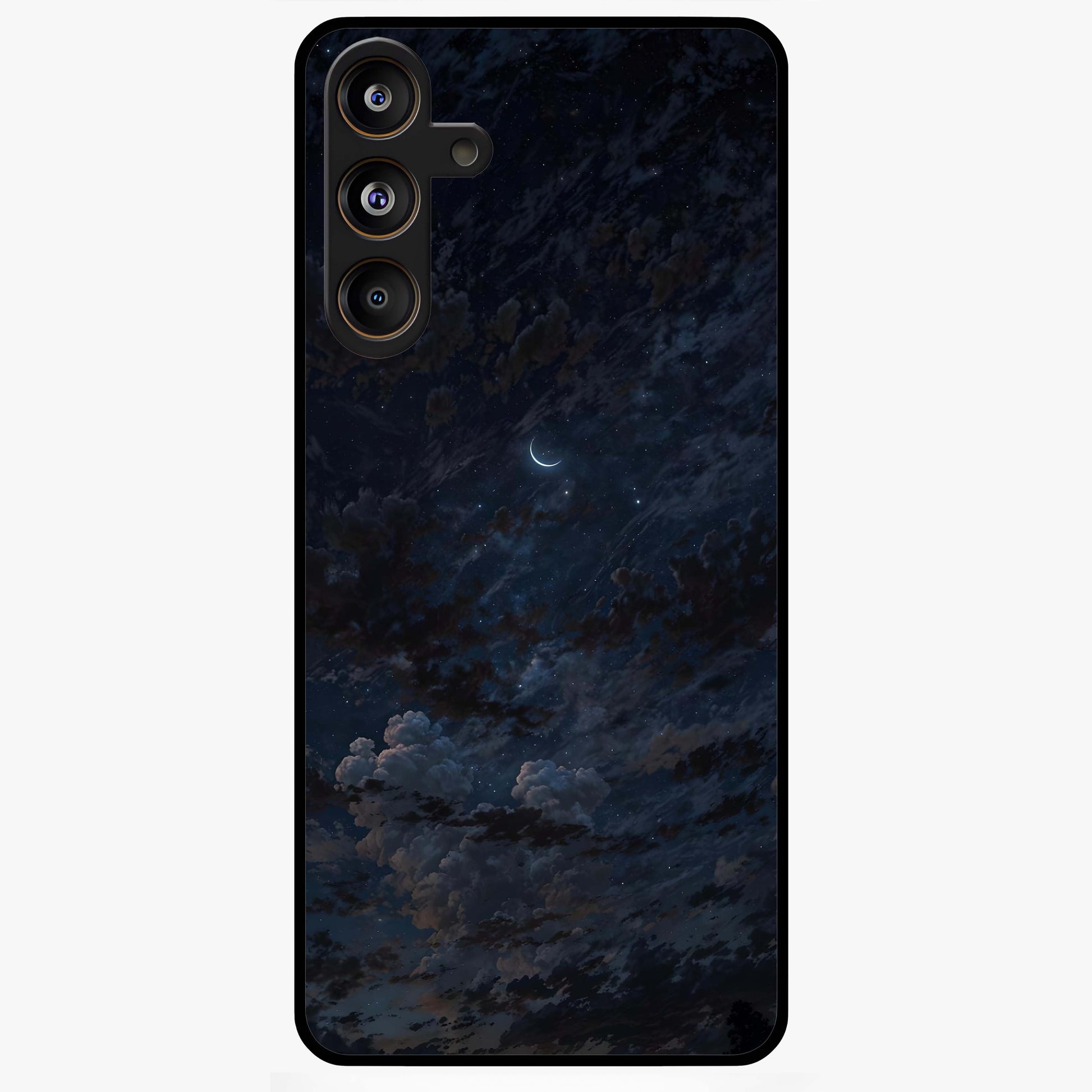 Lunar Veil Silence Glass Case showing flat back view with mystical moon veil artwork and glossy glass finish.