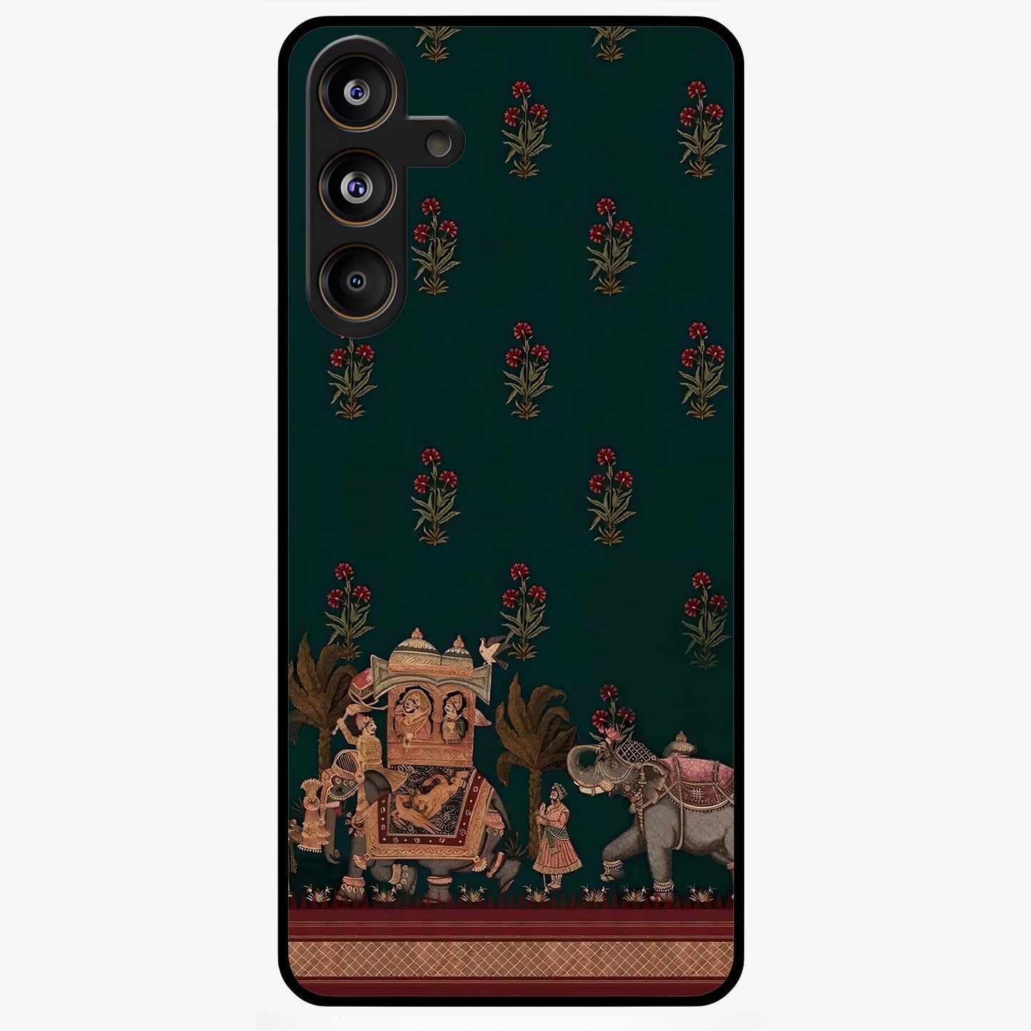 Macmerise Glass Case showing flat back view with stylish modern artwork and glossy glass finish.