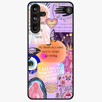 Manifestation Collage Glass Case showing flat back view with motivational collage artwork and glossy glass finish.