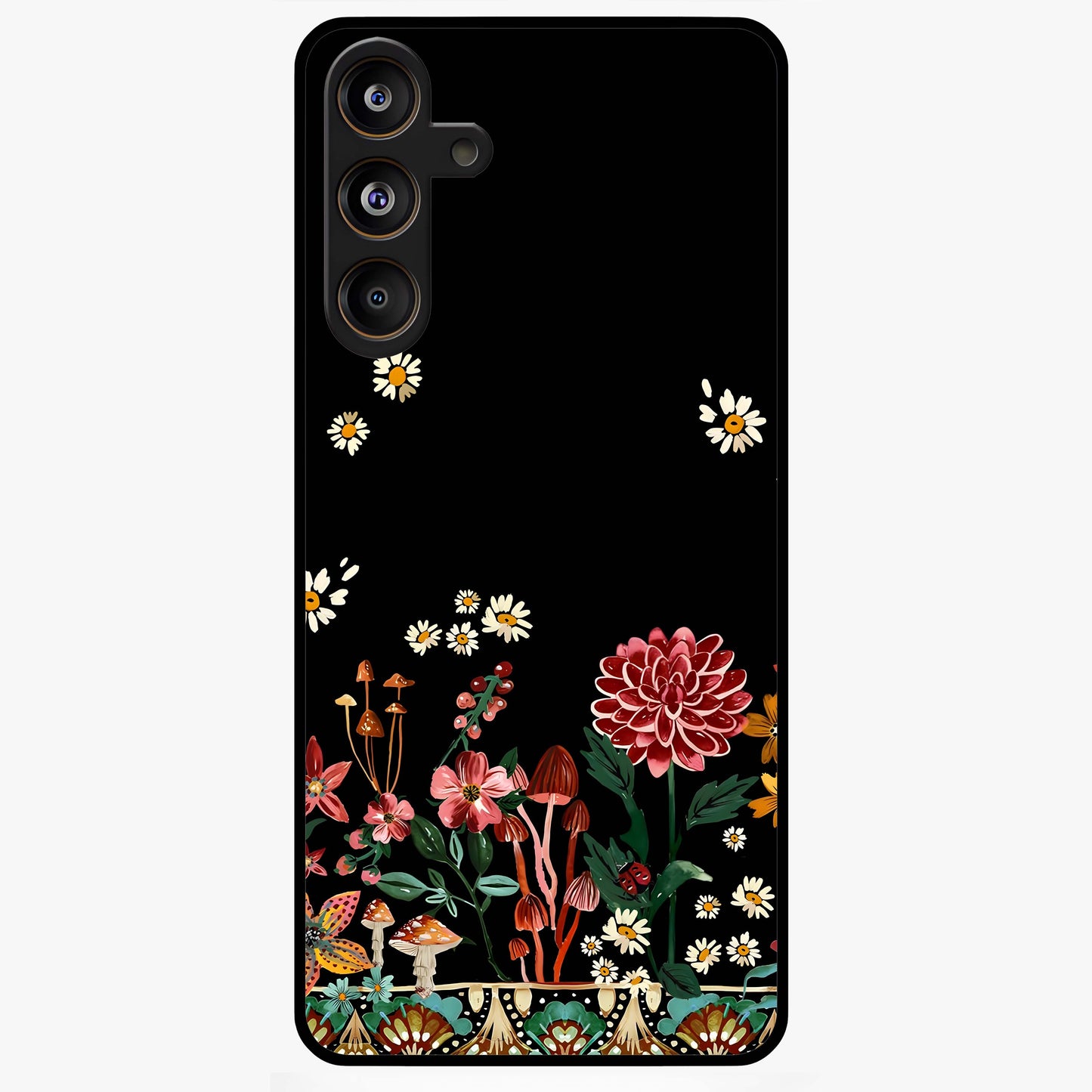 Midnight Bloom Pattern Glass Case showing flat back view with dark floral pattern artwork and glossy glass finish.