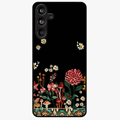 Midnight Bloom Pattern Glass Case showing flat back view with dark floral pattern artwork and glossy glass finish.