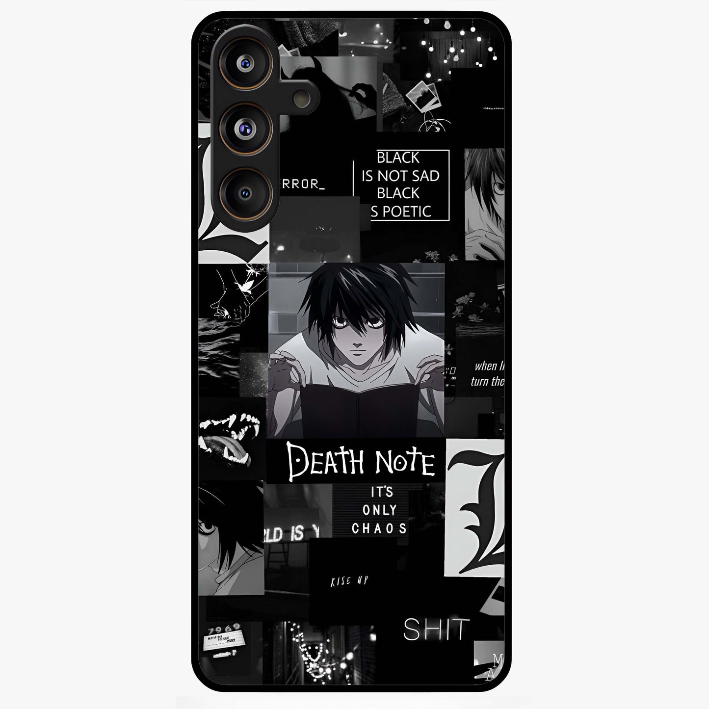 Midnight Chaos Mind Glass Case showing flat back view with abstract dark themed artwork and glossy glass finish.