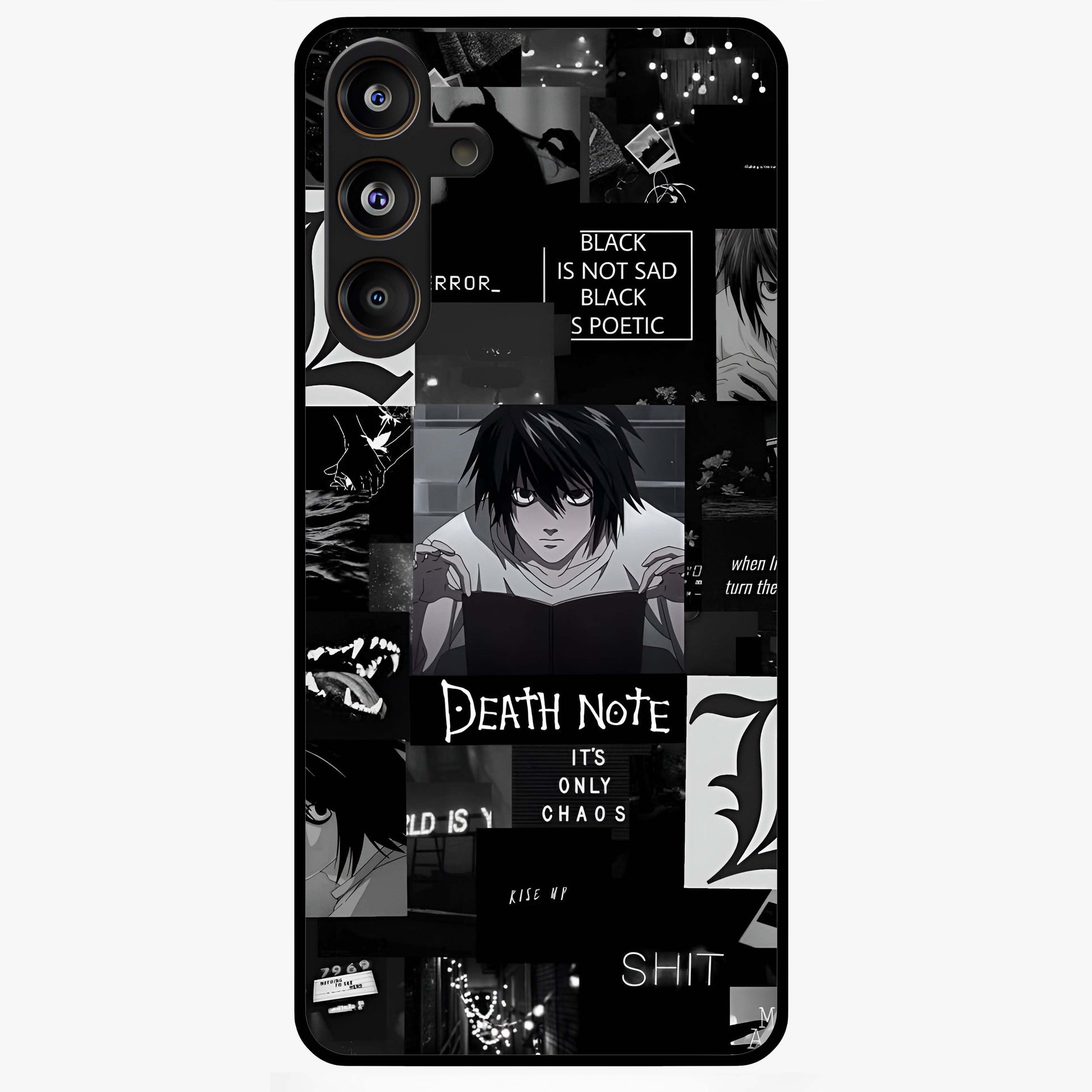 Midnight Chaos Mind Glass Case showing flat back view with abstract dark themed artwork and glossy glass finish.
