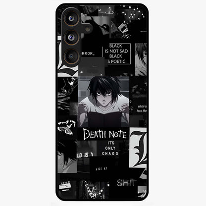 Midnight Chaos Mind Glass Case showing flat back view with abstract dark themed artwork and glossy glass finish.
