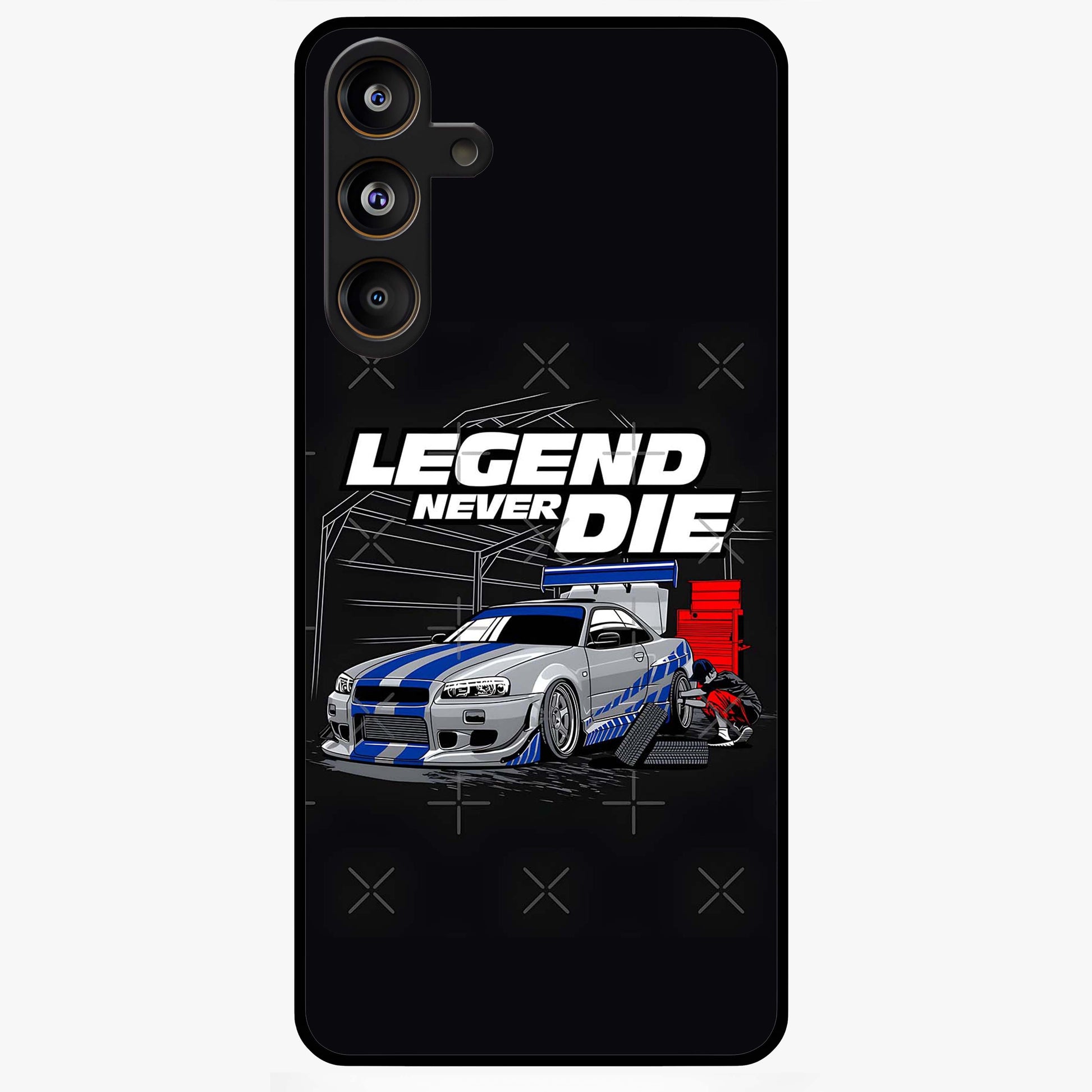 Midnight Racing Legacy Glass Case showing flat back view with sleek racing inspired artwork and glossy glass finish.