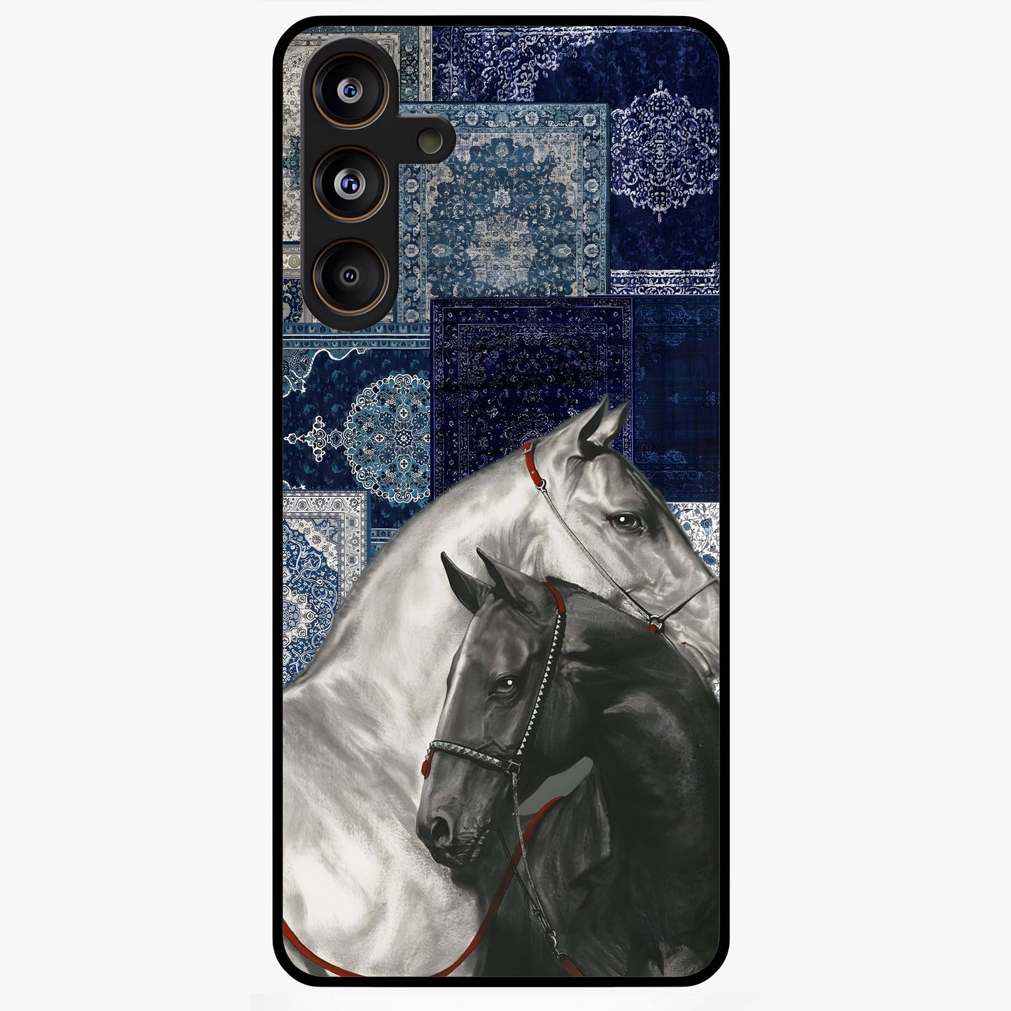 Midnight Stallion Blues Glass Case showing flat back view with majestic horse artwork and glossy glass finish.