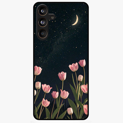 Midnight Tulip Whispers Vibe Glass Case showing flat back view with elegant tulip flower artwork and glossy glass finish.