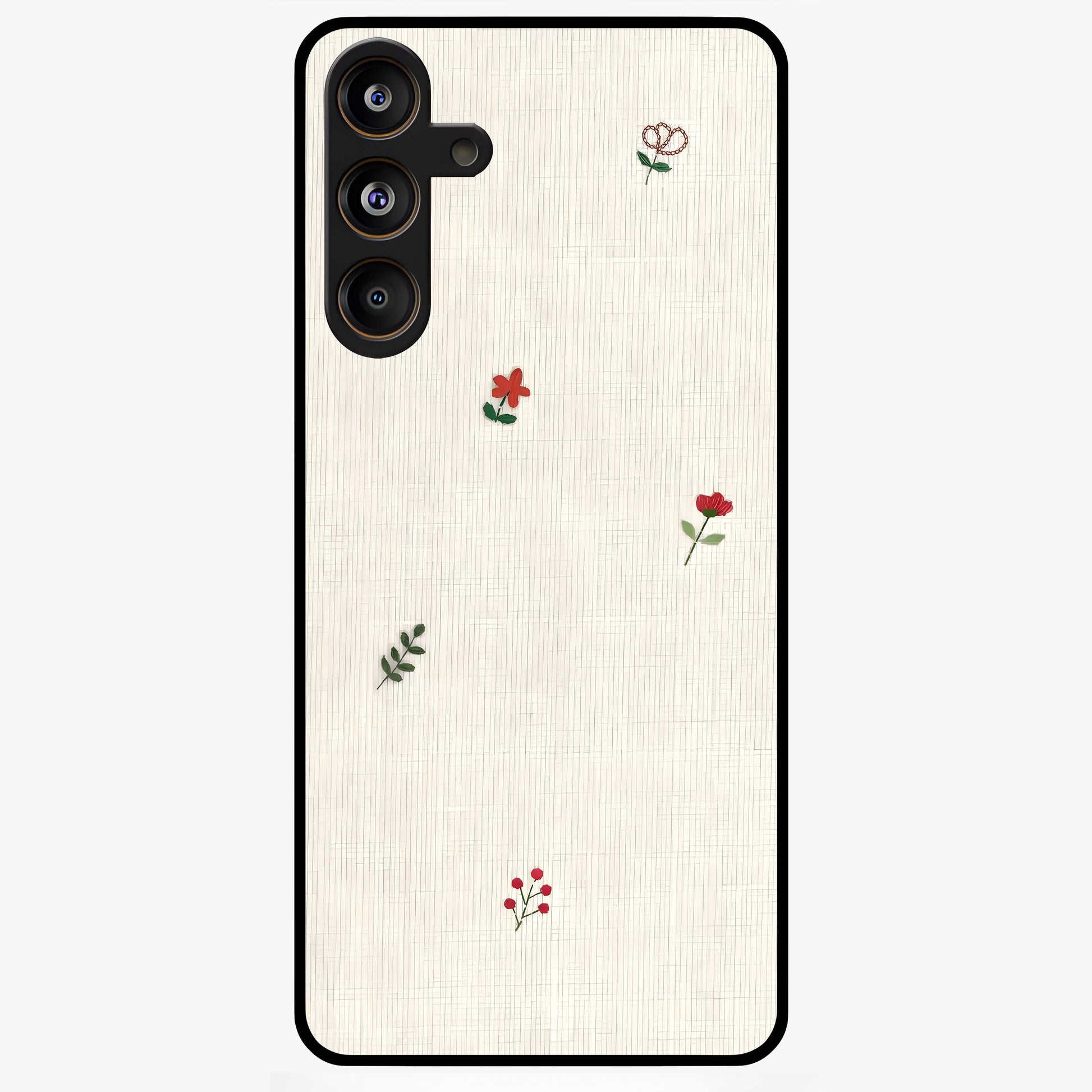 Minimal Petal Whispers Glass Case showing flat back view with soft minimal floral artwork and glossy glass finish.