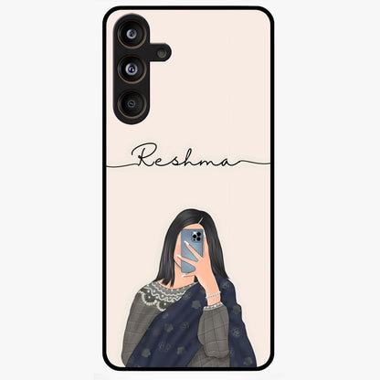 Mirror Mood Muse With Custom Name Glass Case showing flat back view with stylish mirrored artwork and personalized name design.