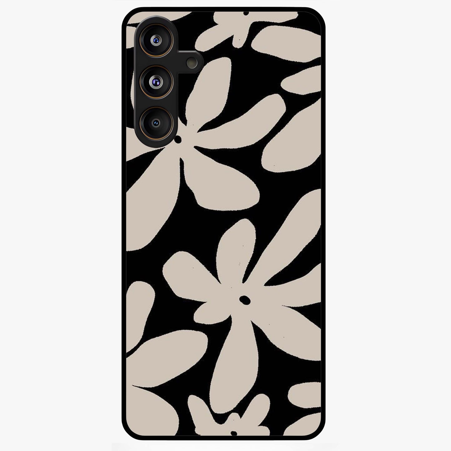 Monochrome Petal Dance Glass Case showing flat back view with monochrome floral artwork and glossy glass finish.