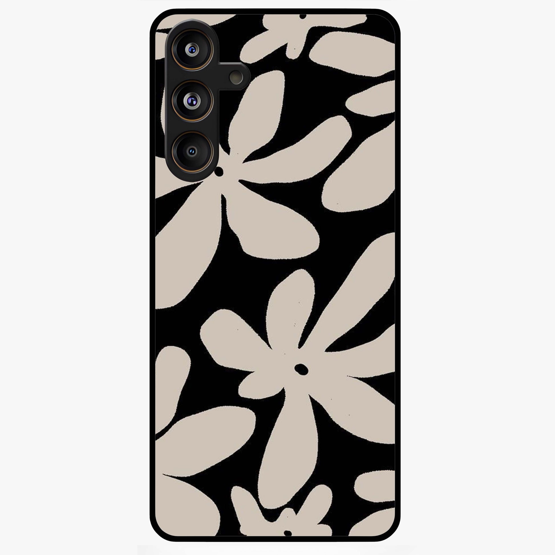 Monochrome Petal Dance Glass Case showing flat back view with monochrome floral artwork and glossy glass finish.