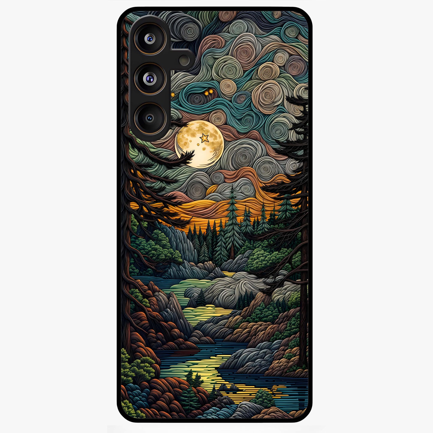 Moonlight Forest Dream Glass Case showing flat back view with mystical forest moonlight artwork and glossy glass finish.