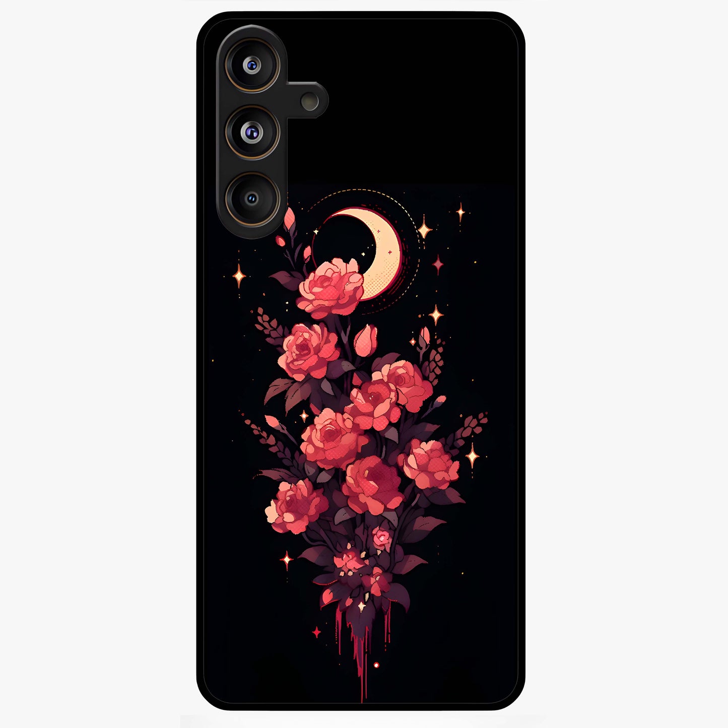 Moonlit Floral Elegance Glass Case showing flat back view with elegant floral artwork under moonlit tones and glossy glass finish.