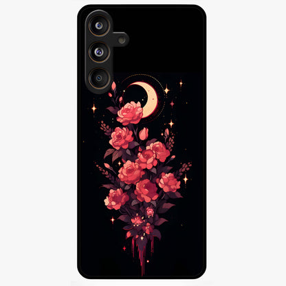 Moonlit Floral Elegance Glass Case showing flat back view with elegant floral artwork under moonlit tones and glossy glass finish.