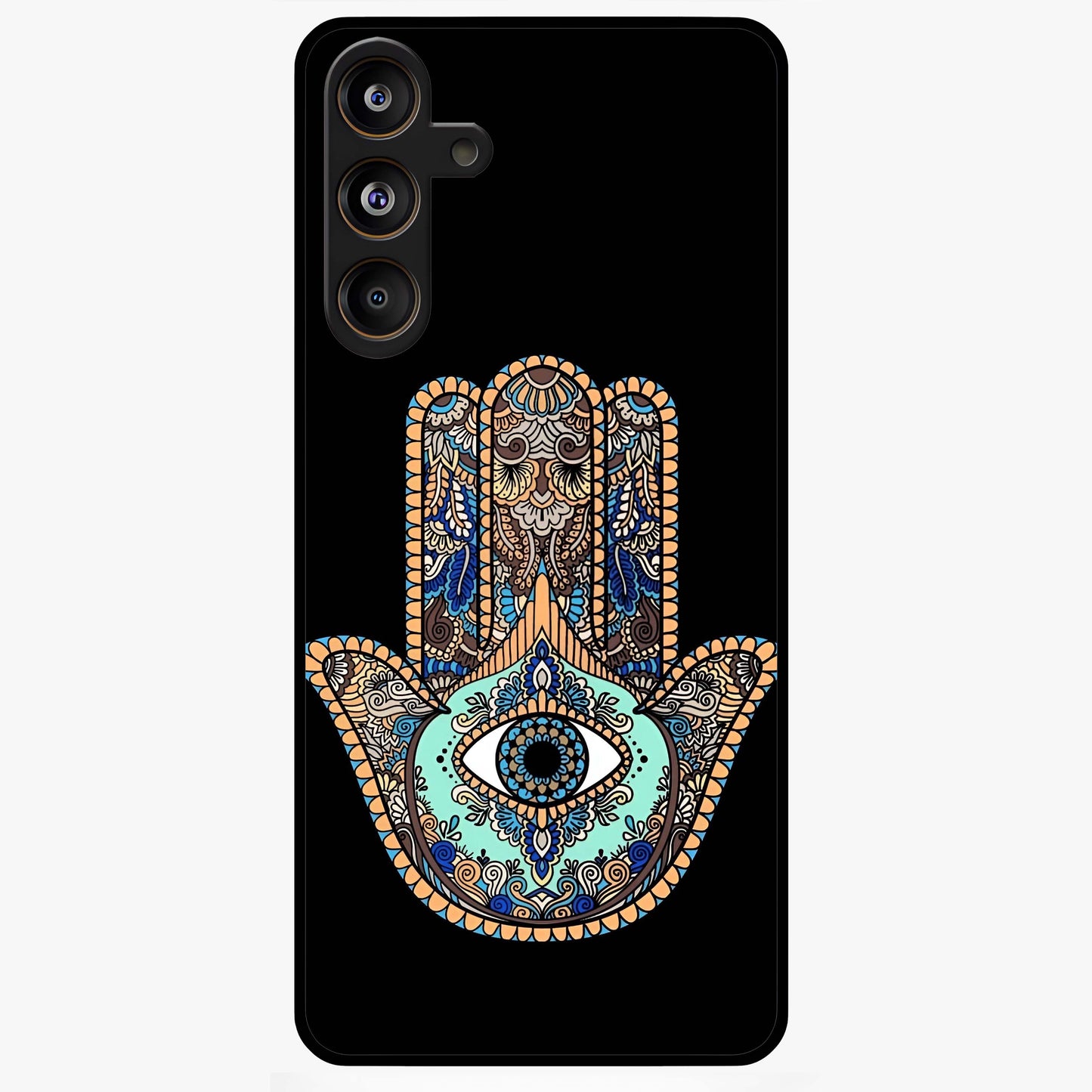 Mystic Hamsa Eye Glass Case showing flat back view with protective hamsa hand and evil eye artwork and glossy glass finish.