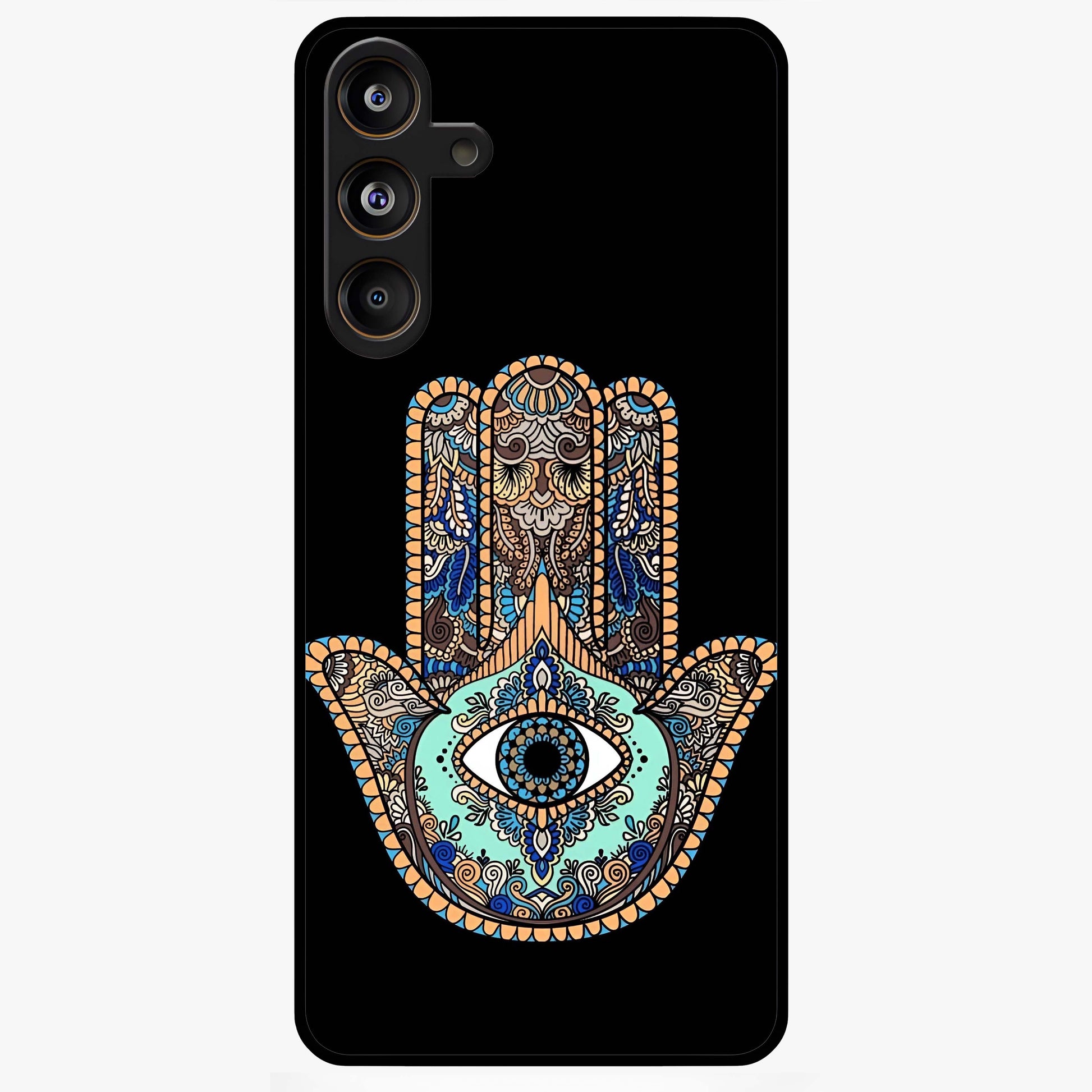 Mystic Hamsa Eye Glass Case showing flat back view with protective hamsa hand and evil eye artwork and glossy glass finish.