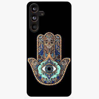 Mystic Hamsa Eye Glass Case showing flat back view with protective hamsa hand and evil eye artwork and glossy glass finish.