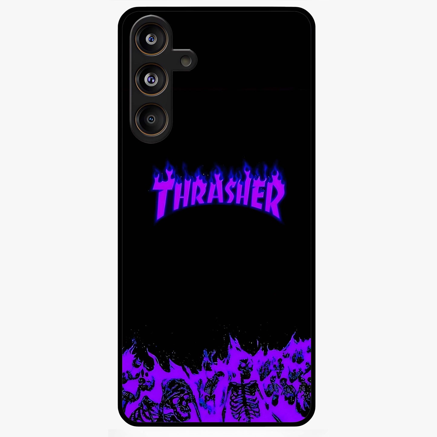 Neon Flame Riot Glass Case showing flat back view with neon flame artwork and glossy glass finish.