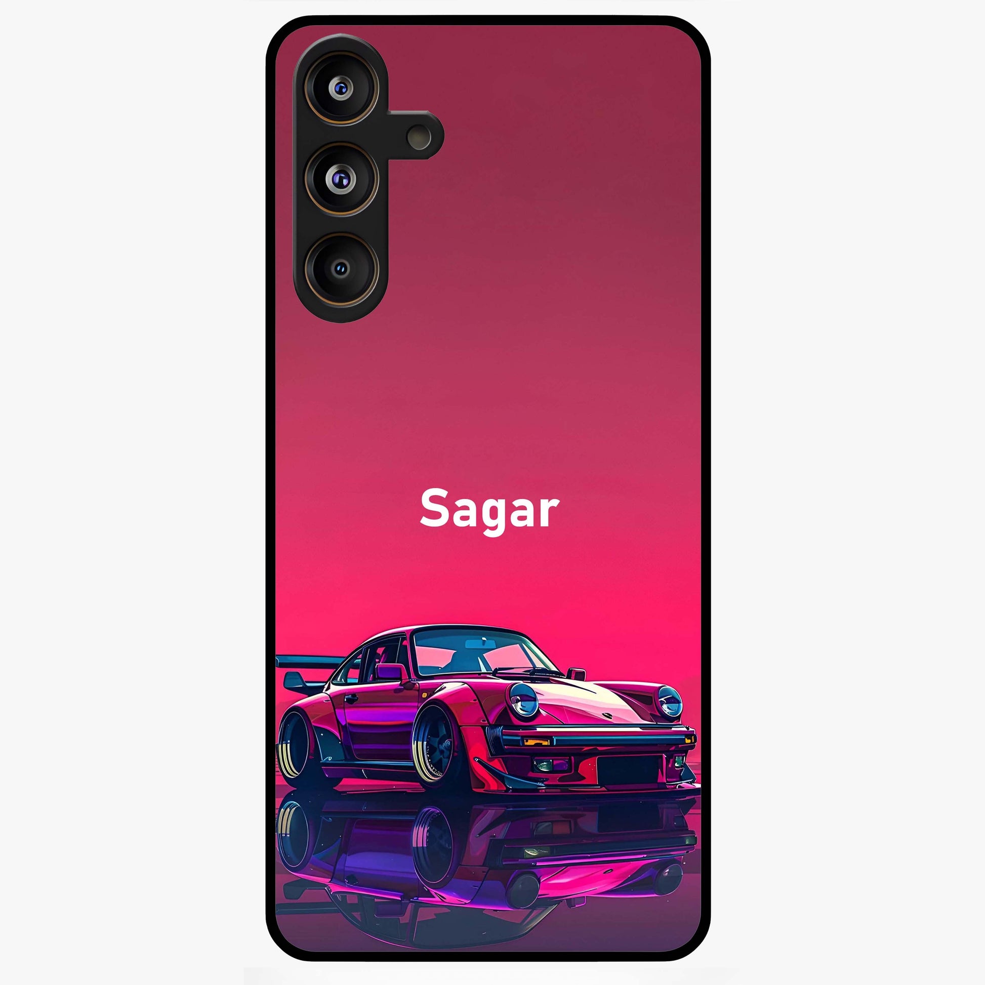 Neon Pink Porsche Glass Case showing flat back view with stylish sports car artwork and glossy glass finish.
