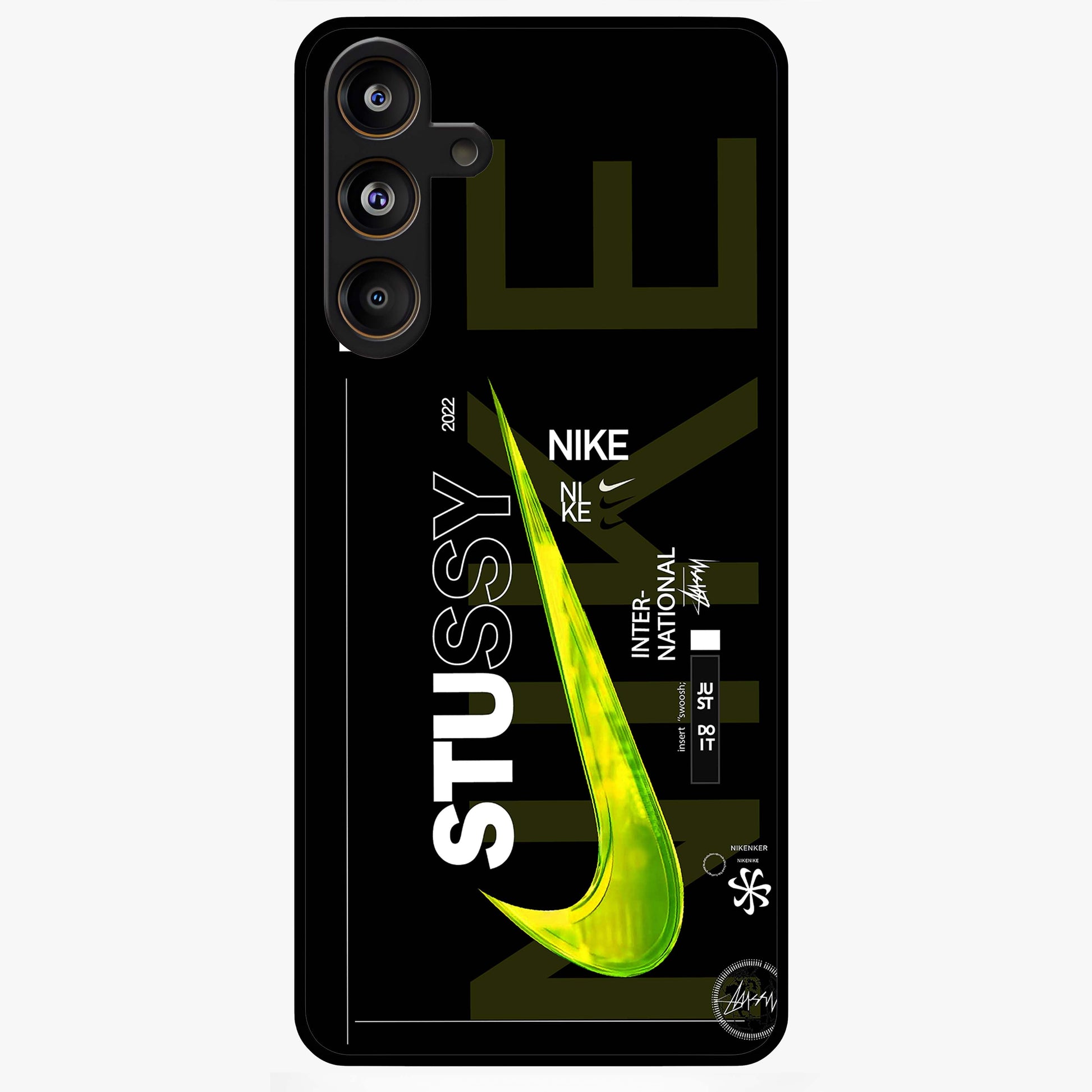 Neon Street Edition Glass Case showing flat back view with neon street style artwork and glossy glass finish.
