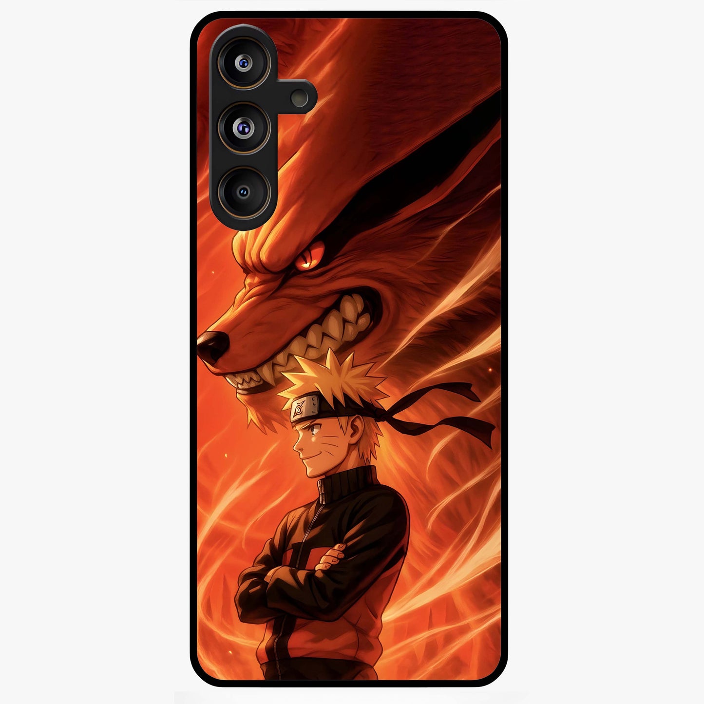 Nine Tails Legacy Glass Case showing flat back view with powerful nine-tailed fox inspired artwork and glossy glass finish.