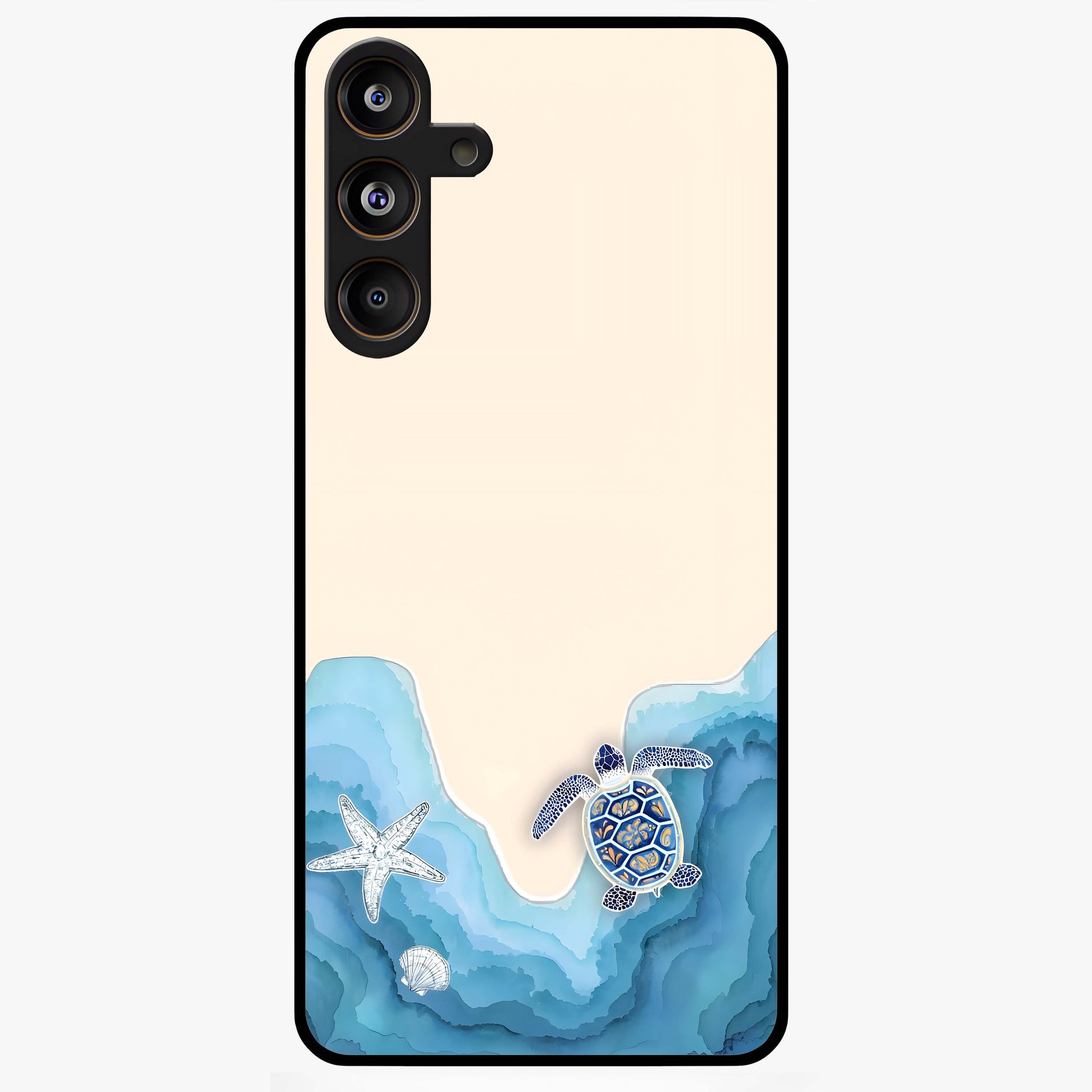Ocean Drift Turtle Glass Case showing flat back view with sea turtle artwork and glossy glass finish.