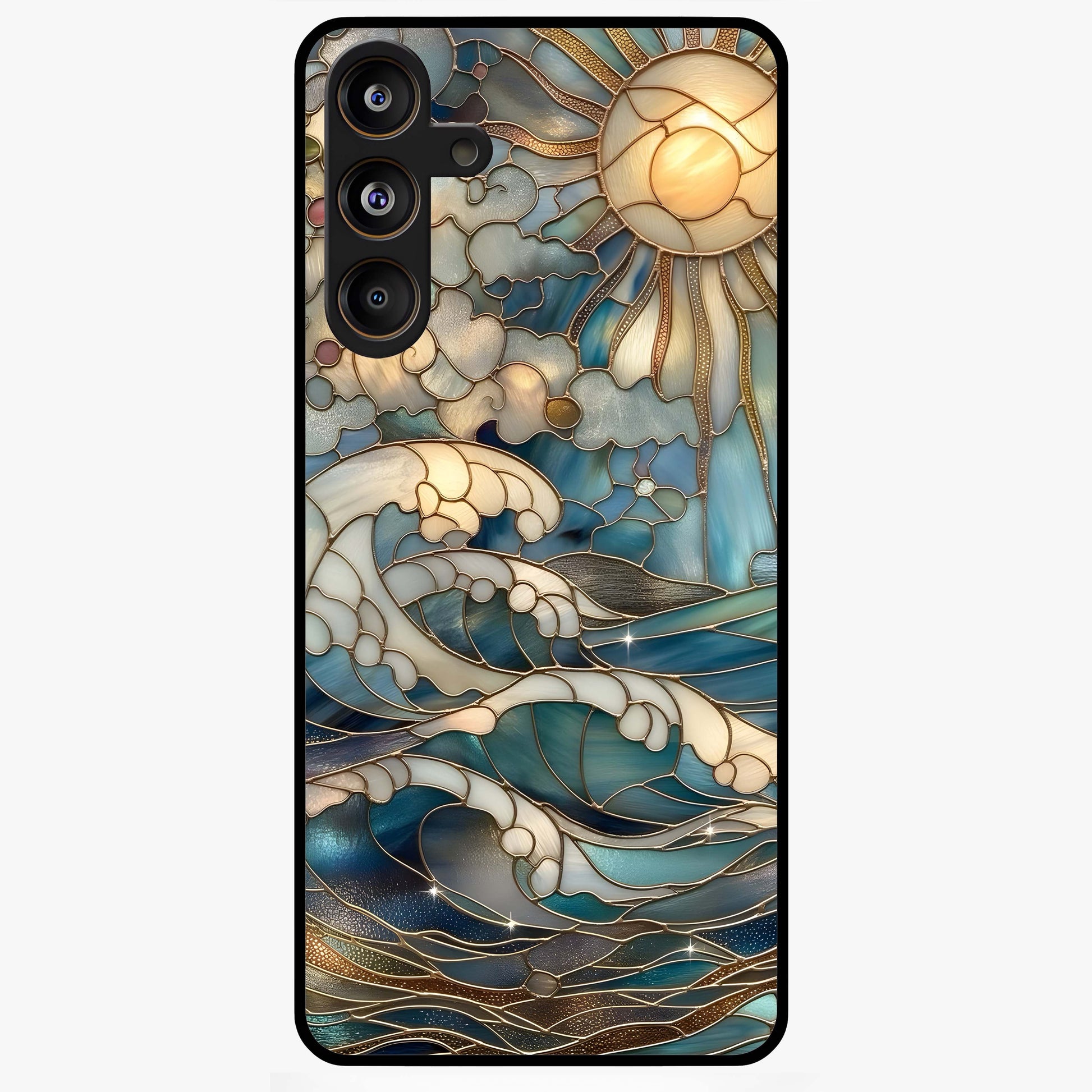 Oceanic Stained Printed Glass Case showing flat back view with ocean inspired stained pattern artwork and glossy glass finish.