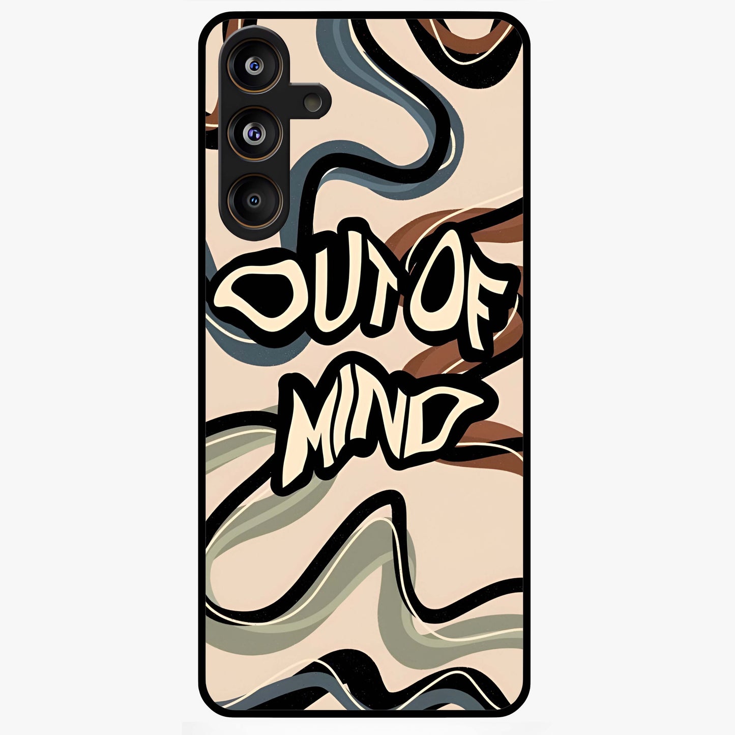 Out Of Mind Glass Case showing flat back view with expressive typography artwork and glossy glass finish.
