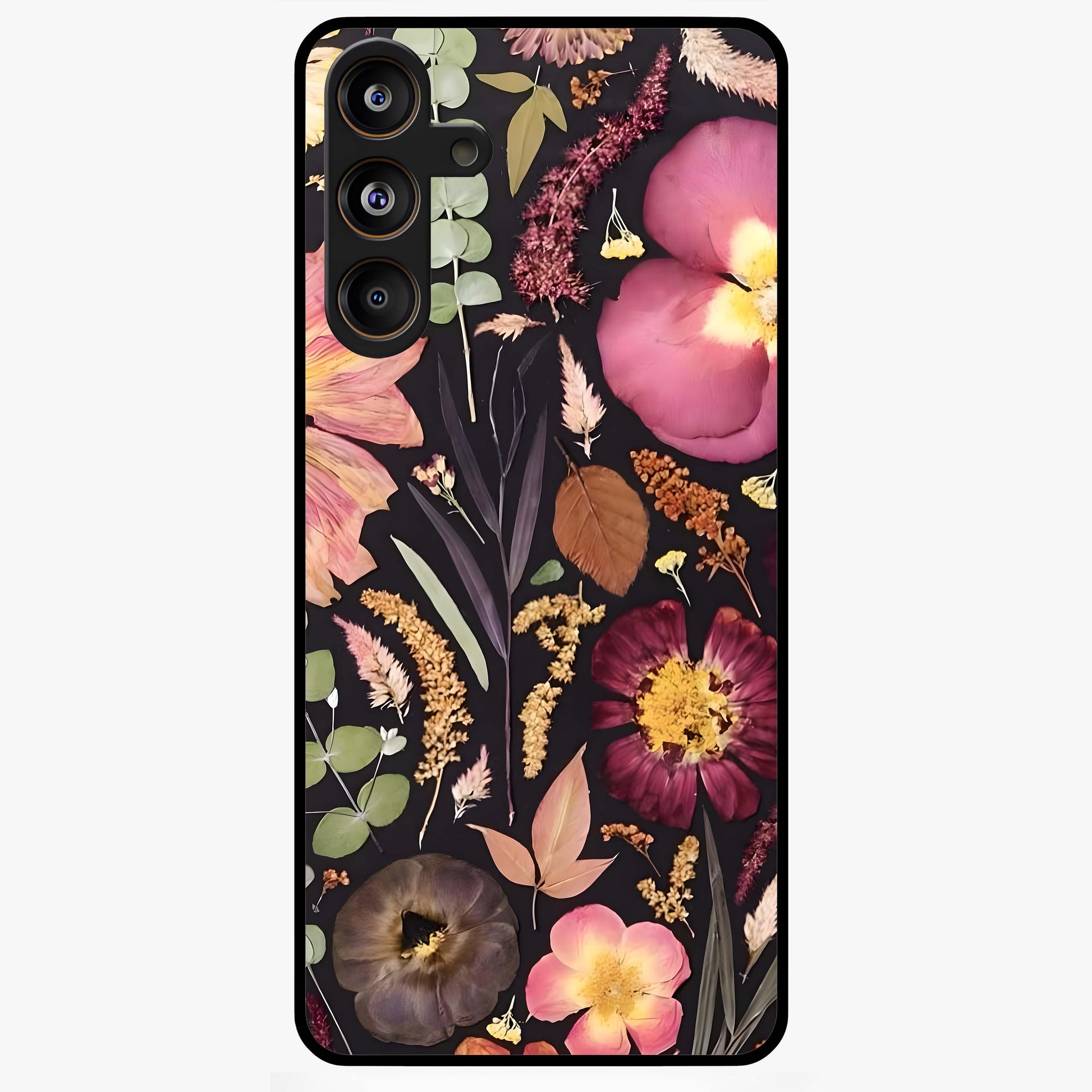 Petal Dream Tapestry Glass Case showing flat back view with intricate floral tapestry artwork and glossy glass finish.