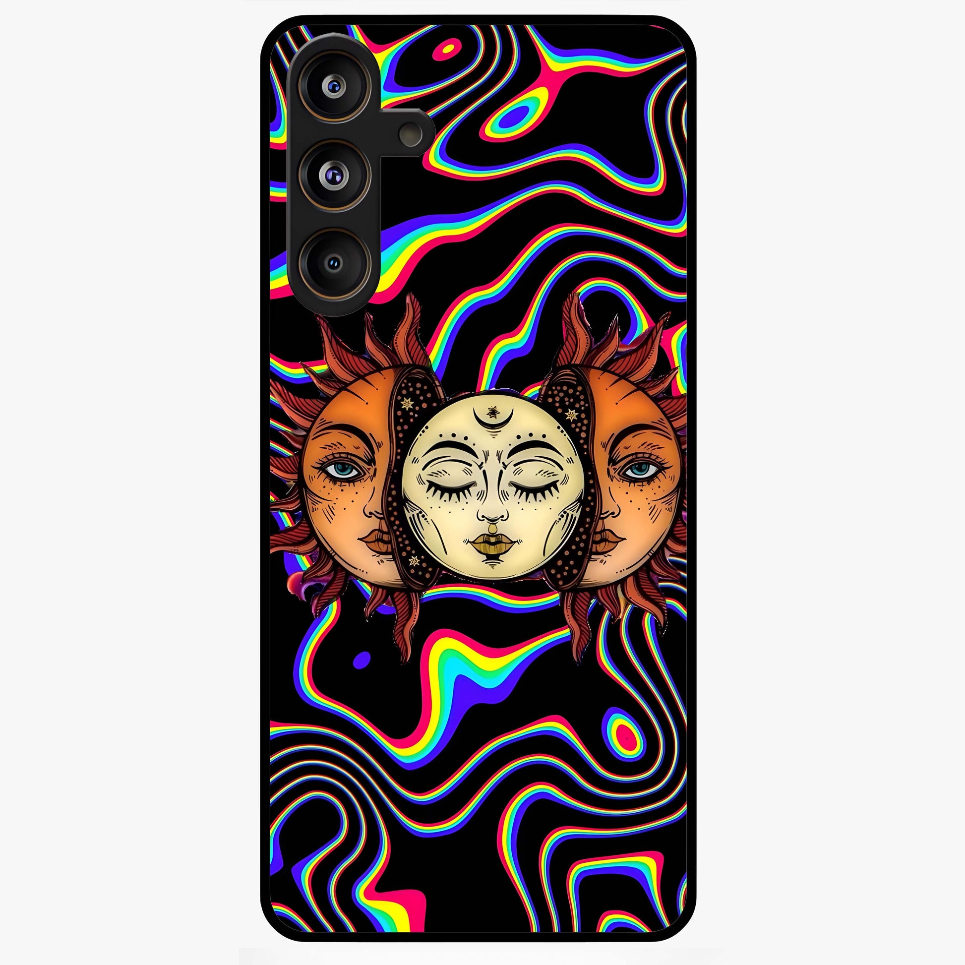 Psychedelic Sun Glass Case showing flat back view with colorful psychedelic sun artwork and glossy glass finish.