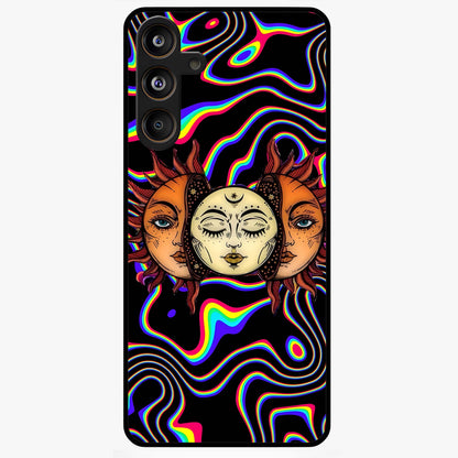Psychedelic Sun Glass Case showing flat back view with colorful psychedelic sun artwork and glossy glass finish.