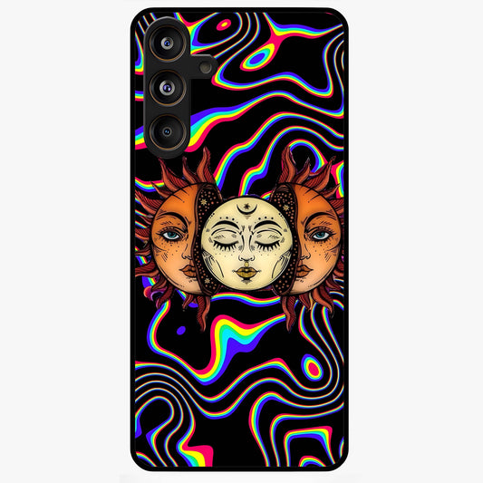 Psychedelic Sun Glass Case showing flat back view with colorful psychedelic sun artwork and glossy glass finish.