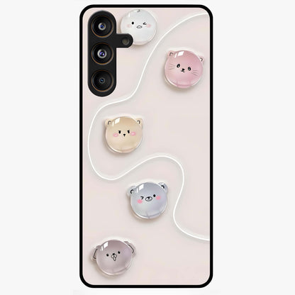 Puffy Face Parade Glass Case showing flat back view with cute puffy character faces artwork and glossy glass finish.