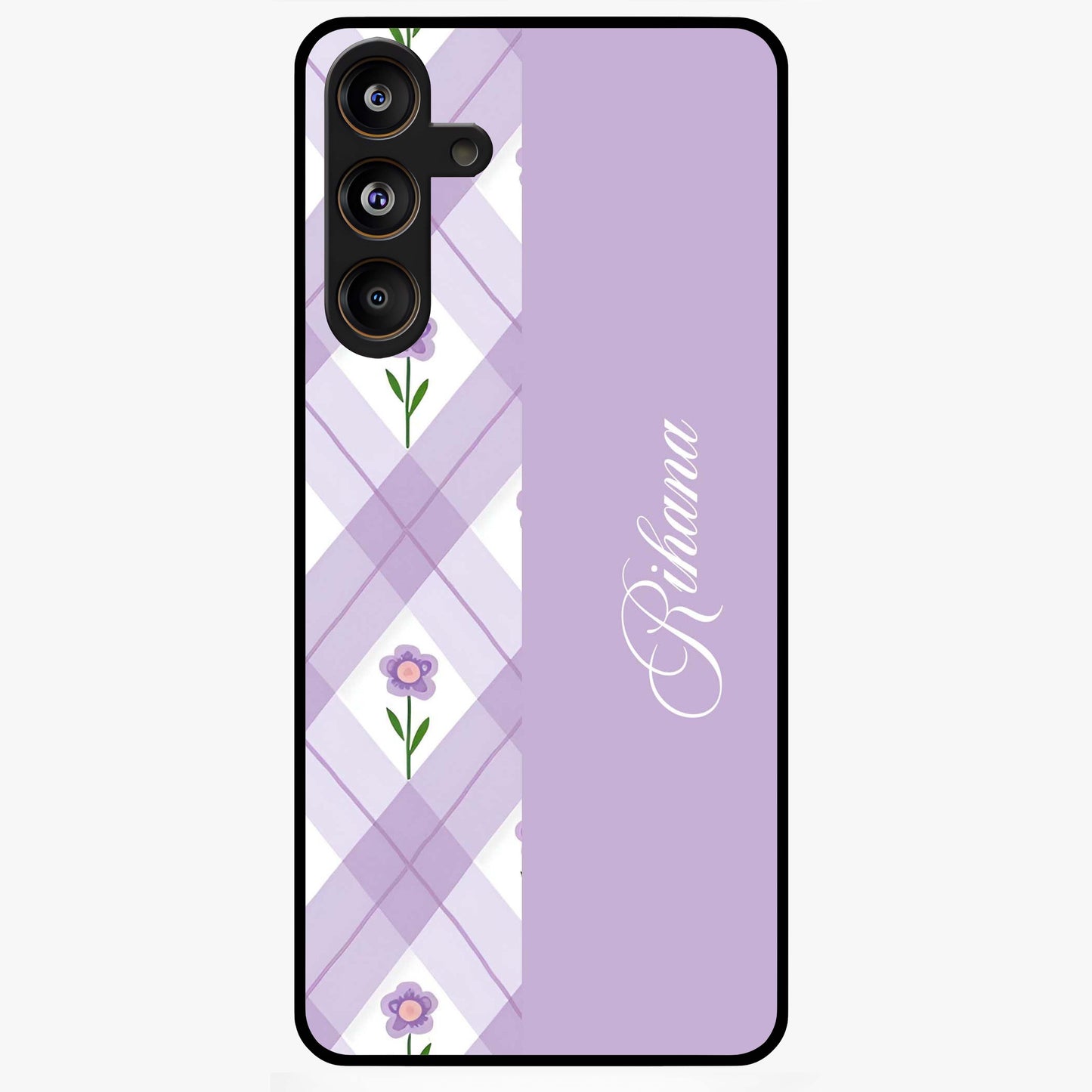 Purple Diamond Floral Glass Case showing flat back view with diamond shaped floral artwork and glossy glass finish.