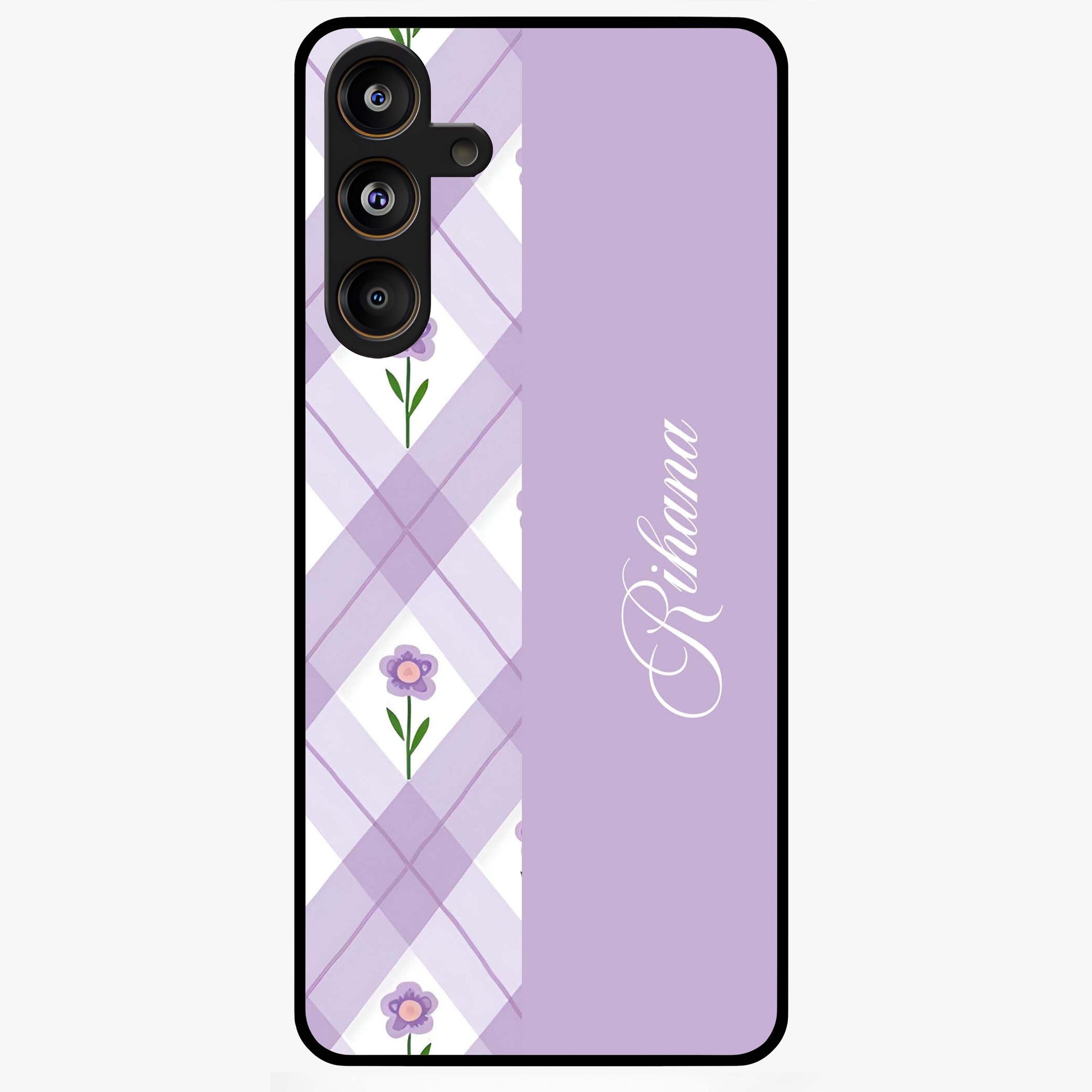 Purple Diamond Floral Glass Case showing flat back view with diamond shaped floral artwork and glossy glass finish.