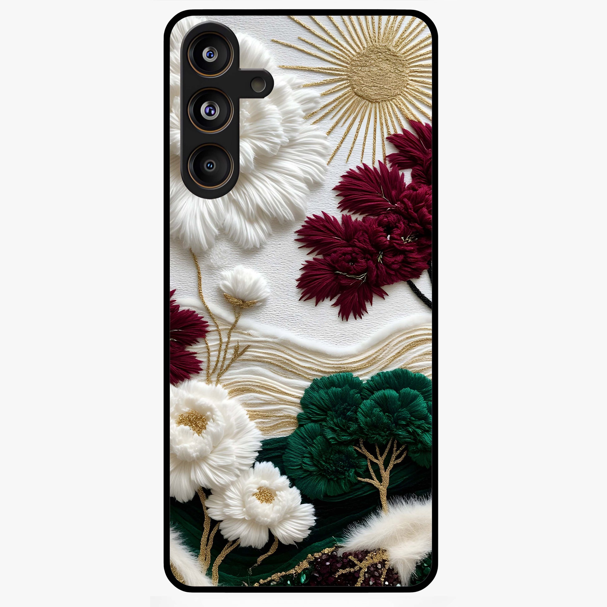 Radiant Bloom Elegance Glass Case showing flat back view with elegant blooming flower artwork and glossy glass finish.