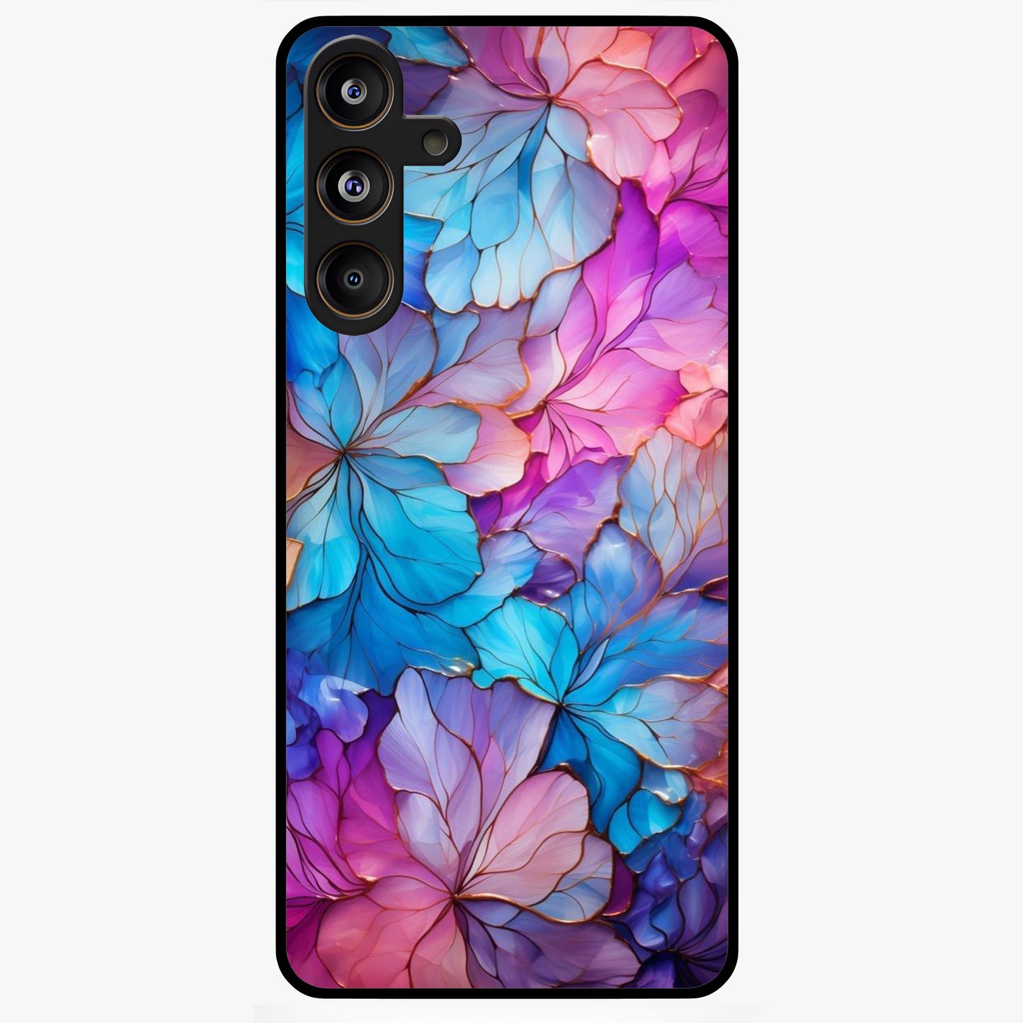 Radiant Floral Whirl Glass Case showing flat back view with swirling floral artwork and glossy glass finish.