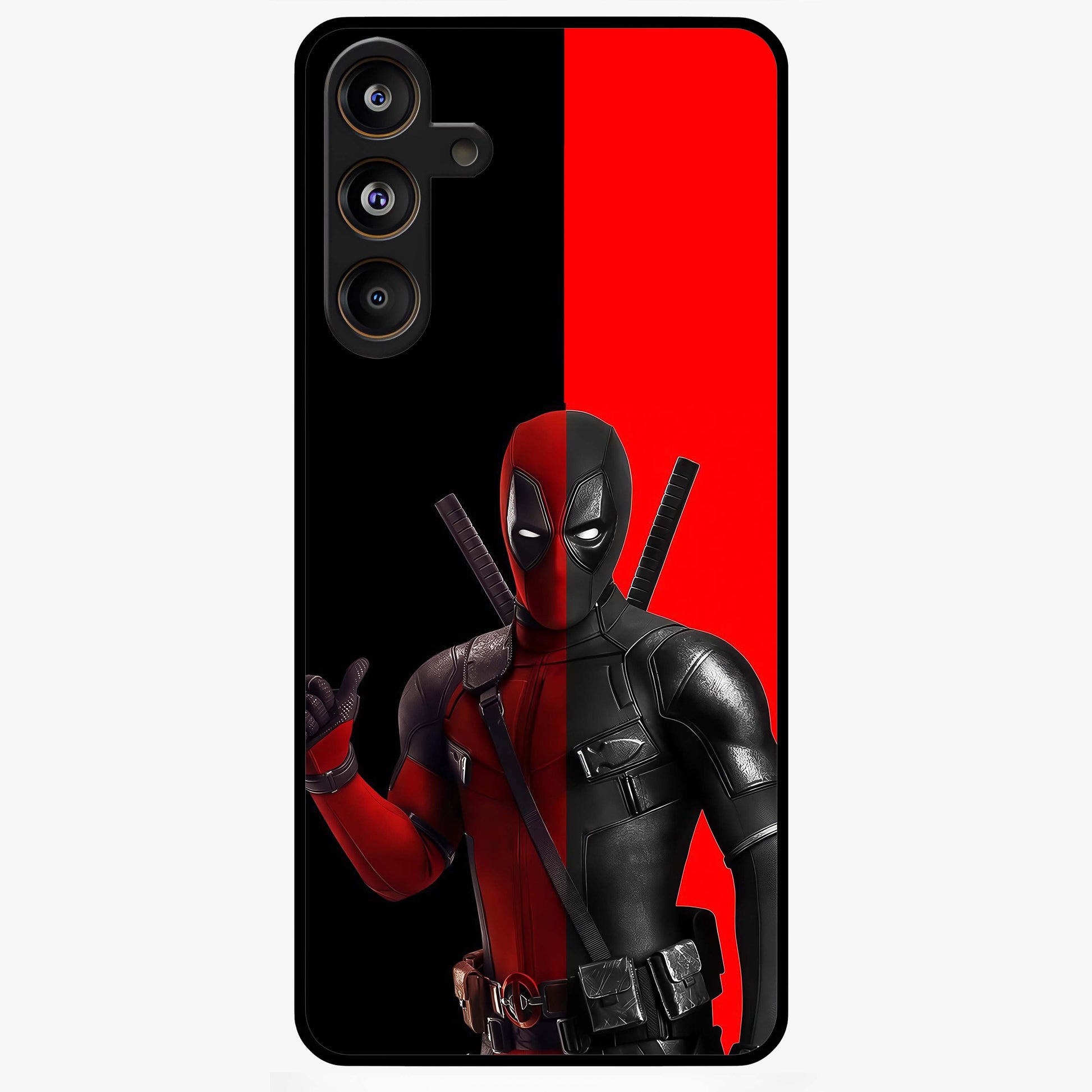 Red & Black Deadpool Theme Glass Case showing flat back view with bold comic inspired artwork and glossy glass finish.