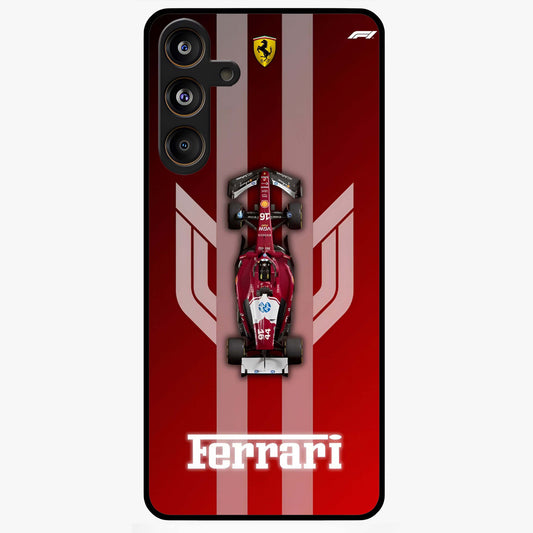Red Ferrari F1 Vertical Glass Case showing flat back view with sleek Formula racing car artwork and glossy glass finish.