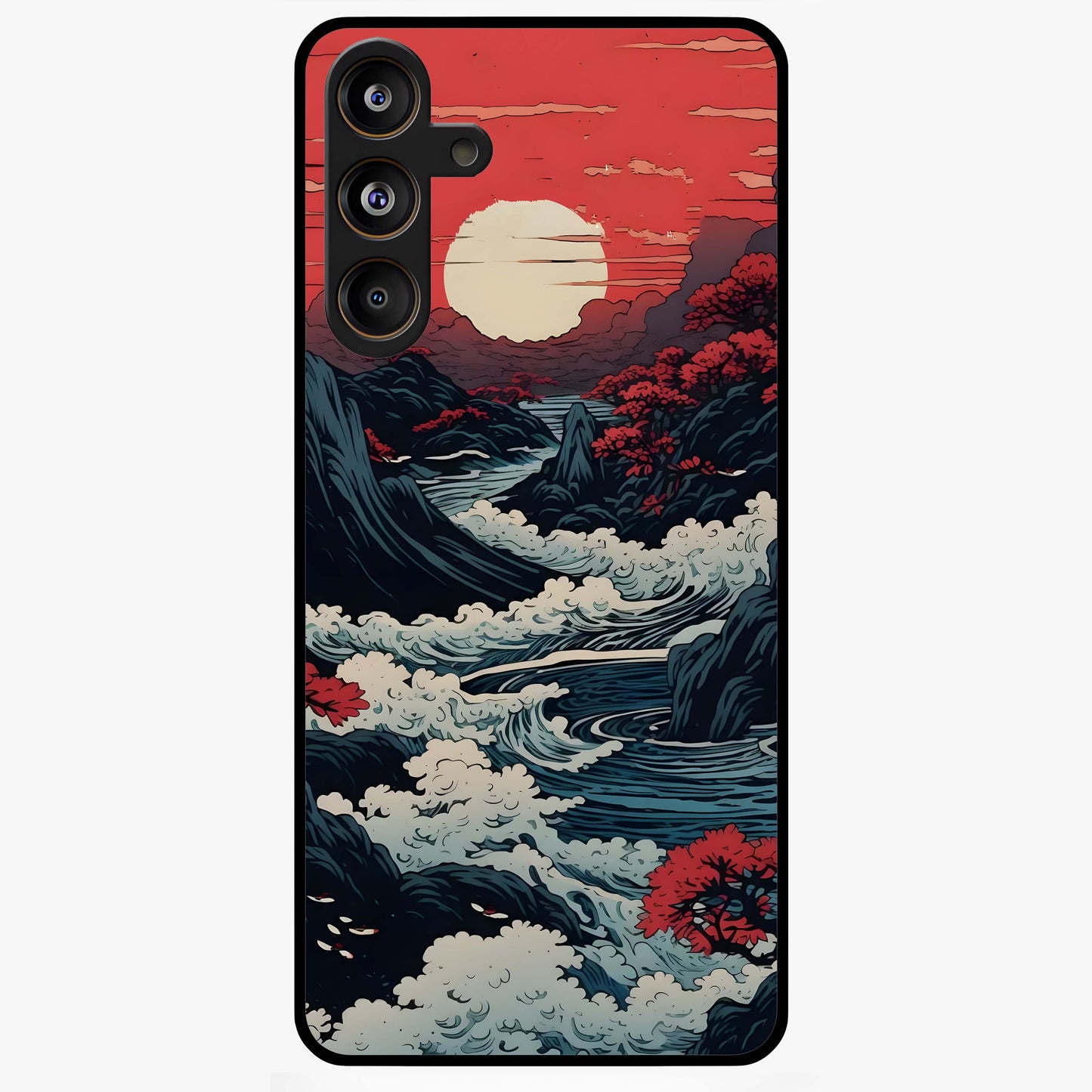 Red Sunset Scenery Glass Case showing flat back view with vibrant sunset landscape artwork and glossy glass finish.