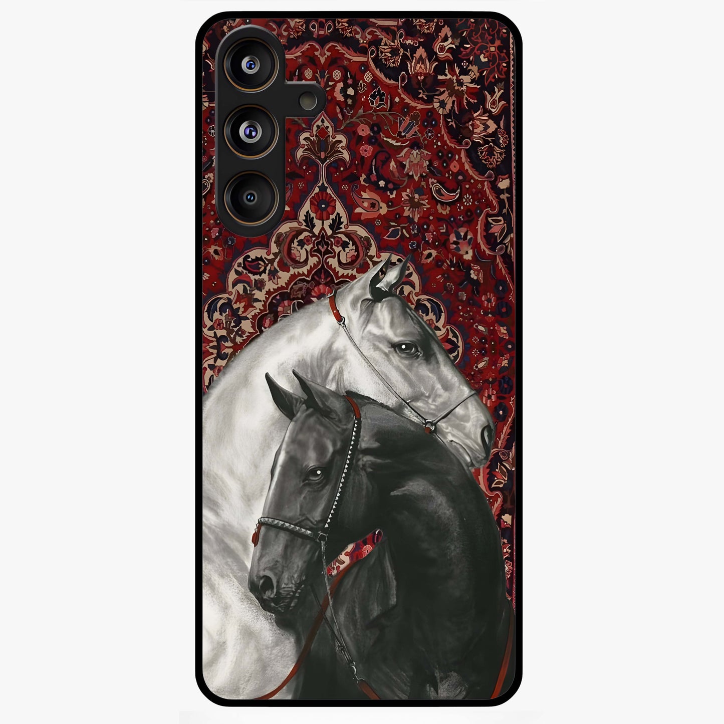 Regal Stallion Tapestry Glass Case showing flat back view with majestic horse tapestry artwork and glossy glass finish.
