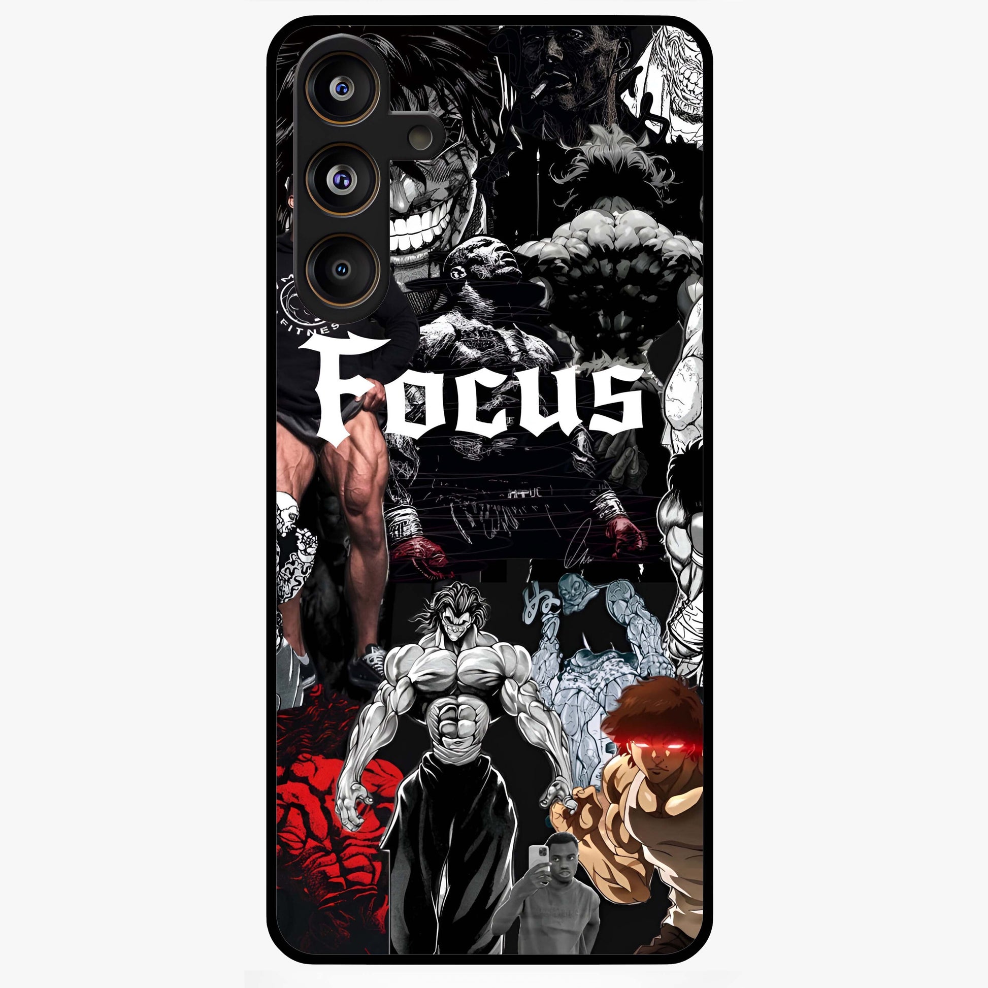 Relentless Power Focus Glass Case showing flat back view with motivational typography artwork and glossy glass finish.