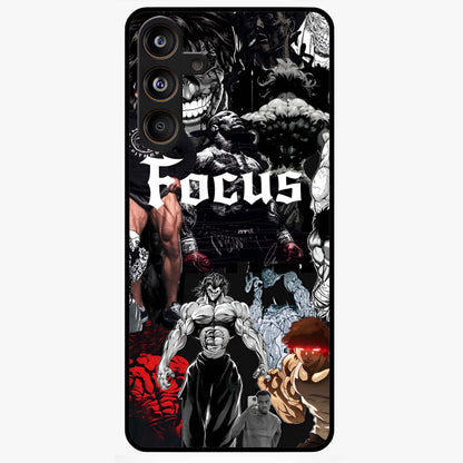 Relentless Power Focus Glass Case showing flat back view with motivational typography artwork and glossy glass finish.