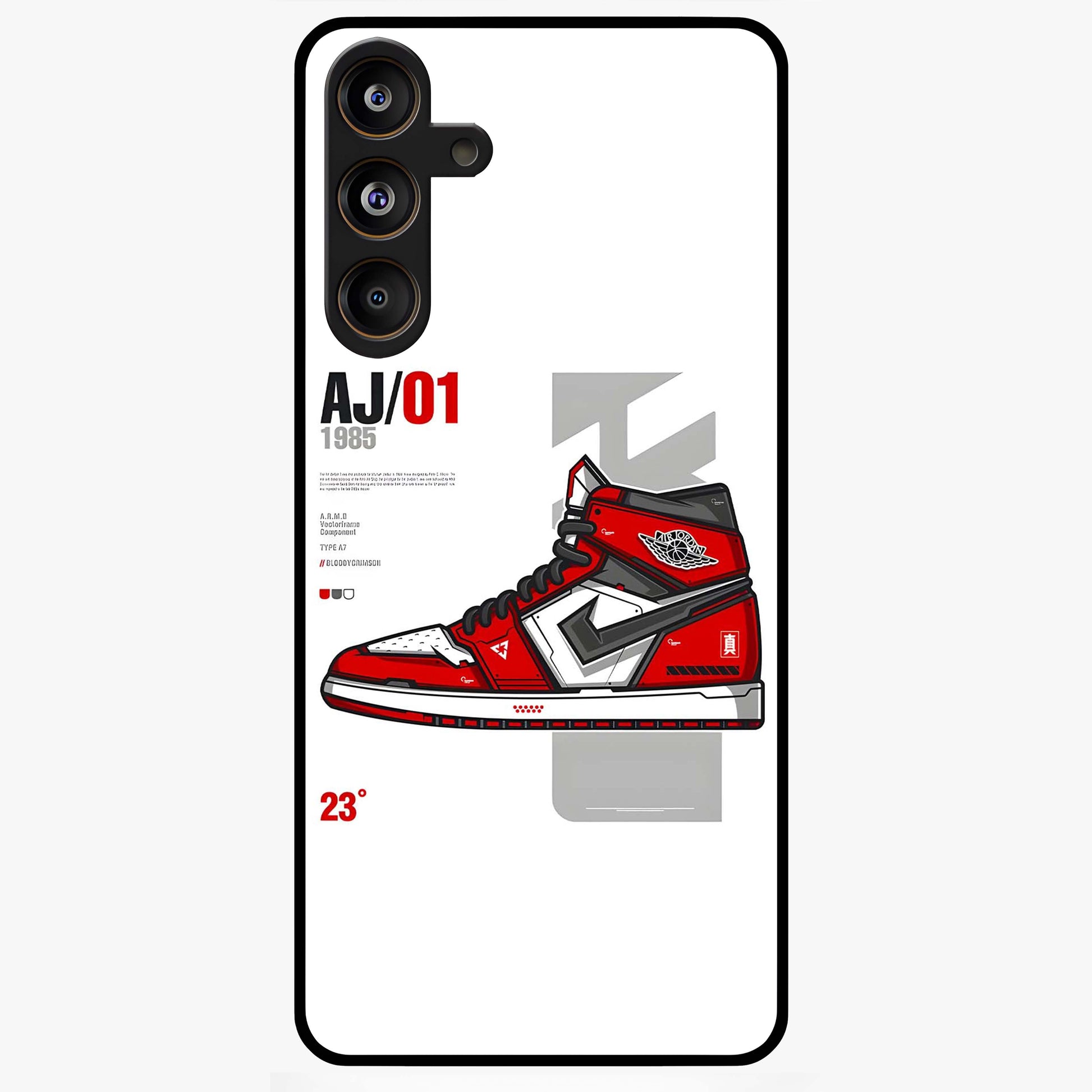 Retro Sneaker Blueprint Glass Case showing flat back view with sneaker blueprint style artwork and glossy glass finish.