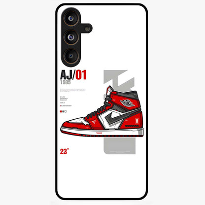 Retro Sneaker Blueprint Glass Case showing flat back view with sneaker blueprint style artwork and glossy glass finish.