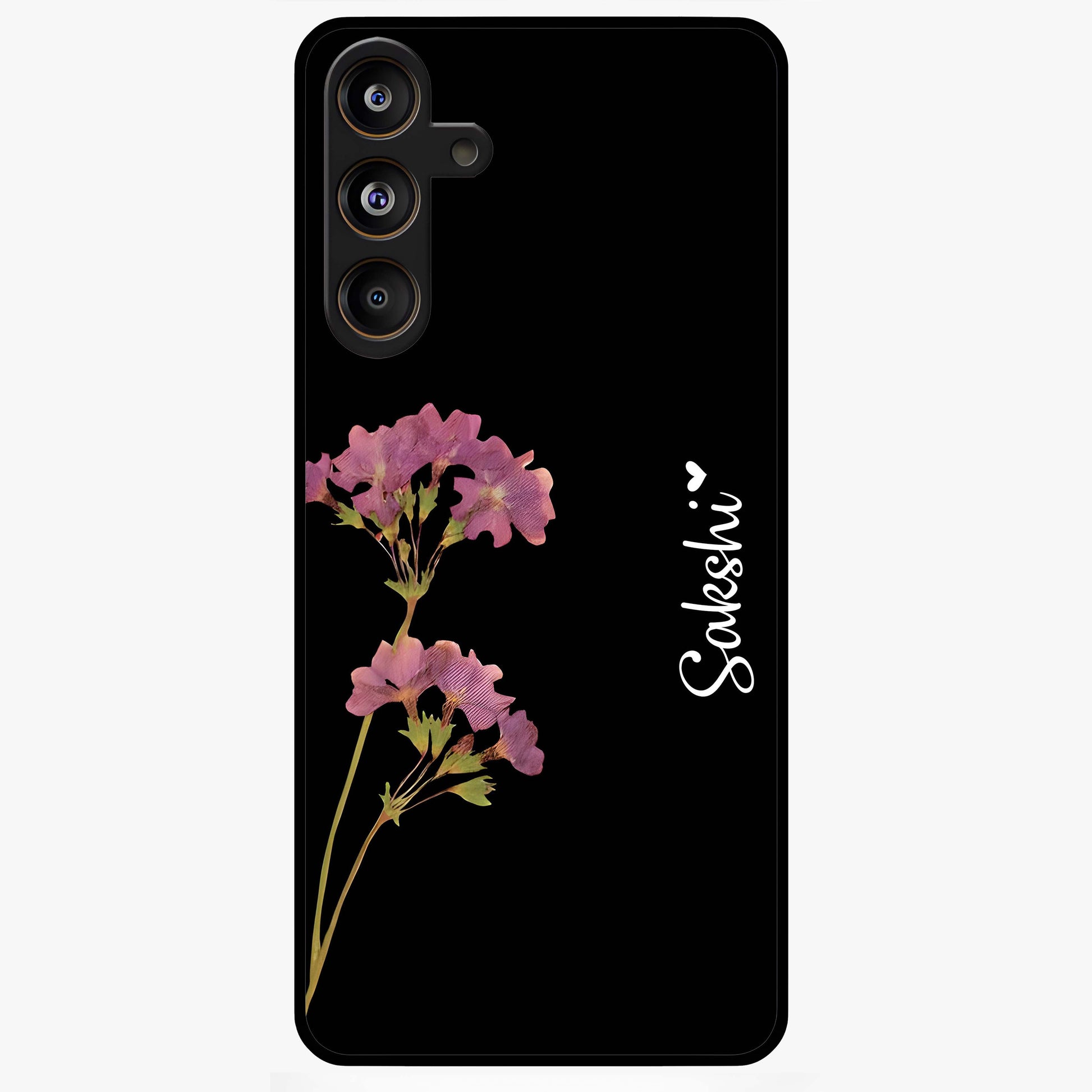 Riching Lavender Flower Custom Name Glass Case showing flat back view with lavender floral artwork and personalized name design.