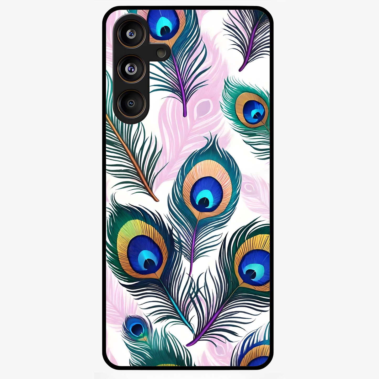 Royal Peacock Feathers Glass Case showing flat back view with colorful peacock feather artwork and glossy glass finish.