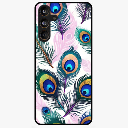 Royal Peacock Feathers Glass Case showing flat back view with colorful peacock feather artwork and glossy glass finish.