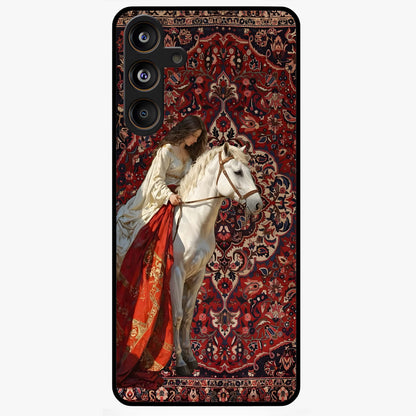 Royal Rider Tapestry Glass Case showing flat back view with majestic horse rider tapestry artwork and glossy glass finish.